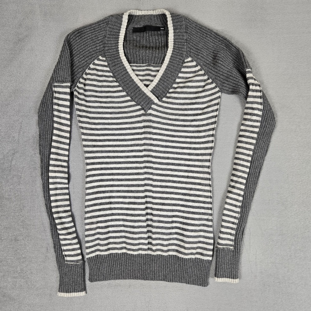 Gwen Stefani L.A.M.B. Sweater Womens XS Gray Stripe‎ V-neck Cotton Cashmere Y2k